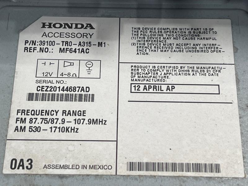 2012 Honda Civic Sedan LX Radio Receiver Assembly AM FM CD MP3 OEM 39100TR0A315M1
