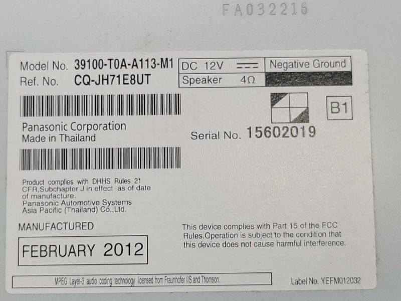 2012-2014 Honda CR-V EX Radio Receiver AM FM Single CD 1XN6 OEM 39100T0AA11