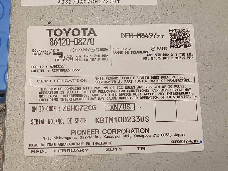 2011 Toyota Sienna Audio & Visual Equip.(Radio)