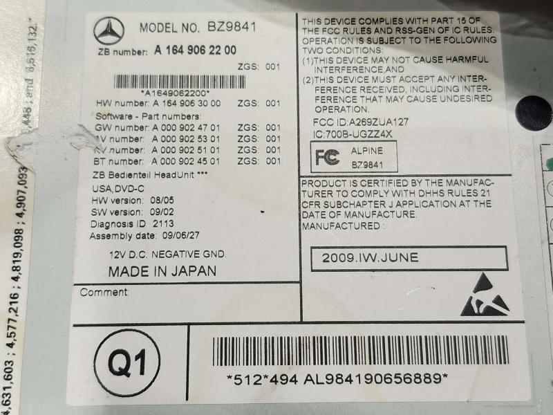 2010 Mercedes-Benz ML W164 OEM AM FM Radio Receiver Hard Drive Navigation Head Unit Genuine 1649062200