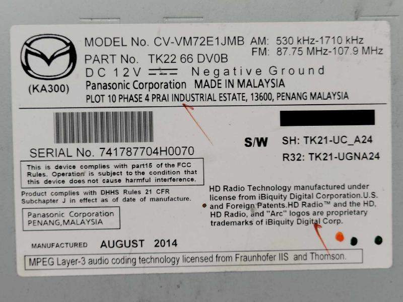 2013-2015 Mazda CX-9 Radio Receiver / Screen Assembly AM FM CD OEM TK2266DV0B