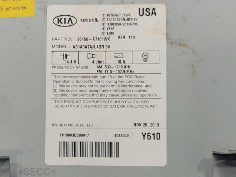 2014-2016 Kia Forte Sedan Radio Receiver Assembly Genuine OEM 96160A7101WK