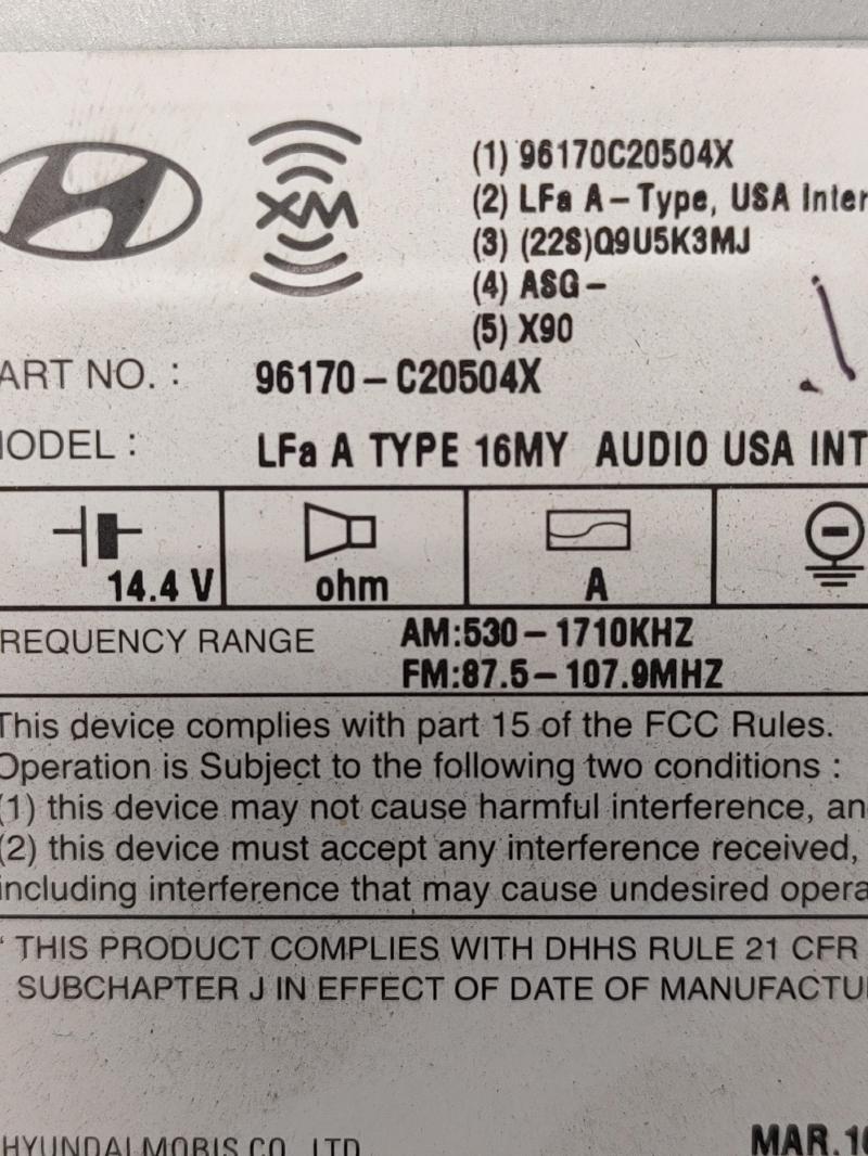 2015 2016 2017 Hyundai Sonata Radio Receiver w/o Nav 2.4L OEM 96170C2050