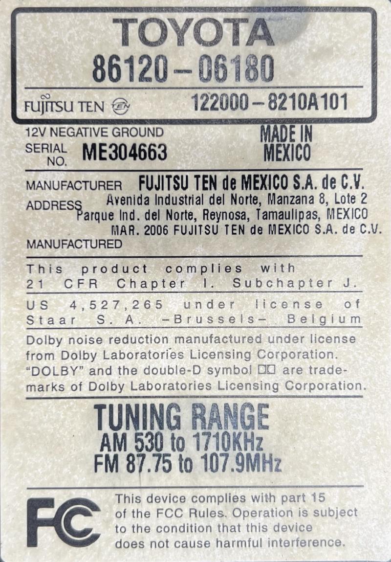 2007 Toyota Camry Audio & Visual Equip.(Radio)