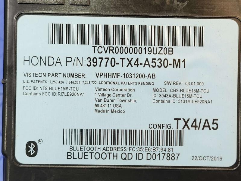 2018 Acura RDX Telematics Communications Control Module OEM 39770-TX4-A53