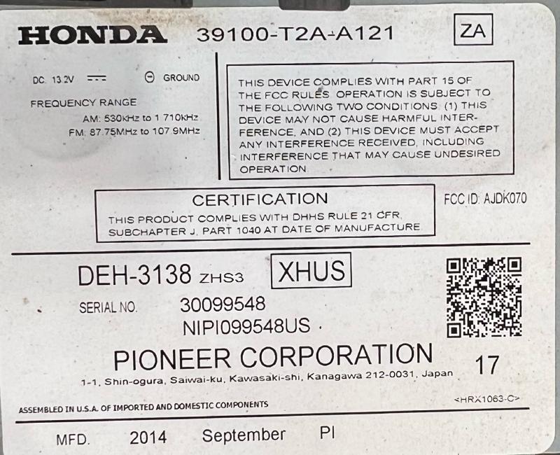 2015 Honda Accord Audio & Visual Equip.(Radio)